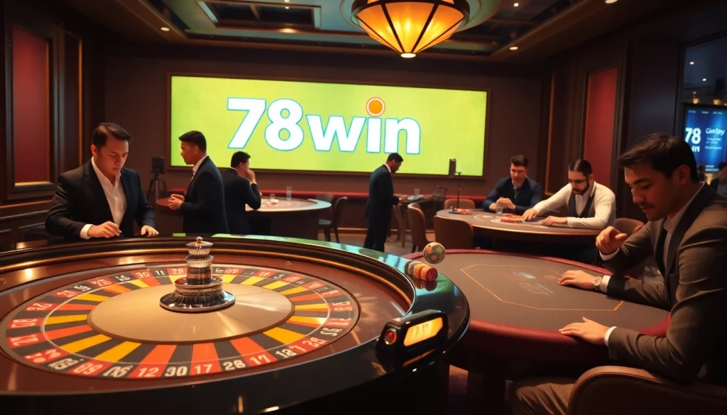 Experience the thrill of the 78win casino with players at roulette and poker tables.