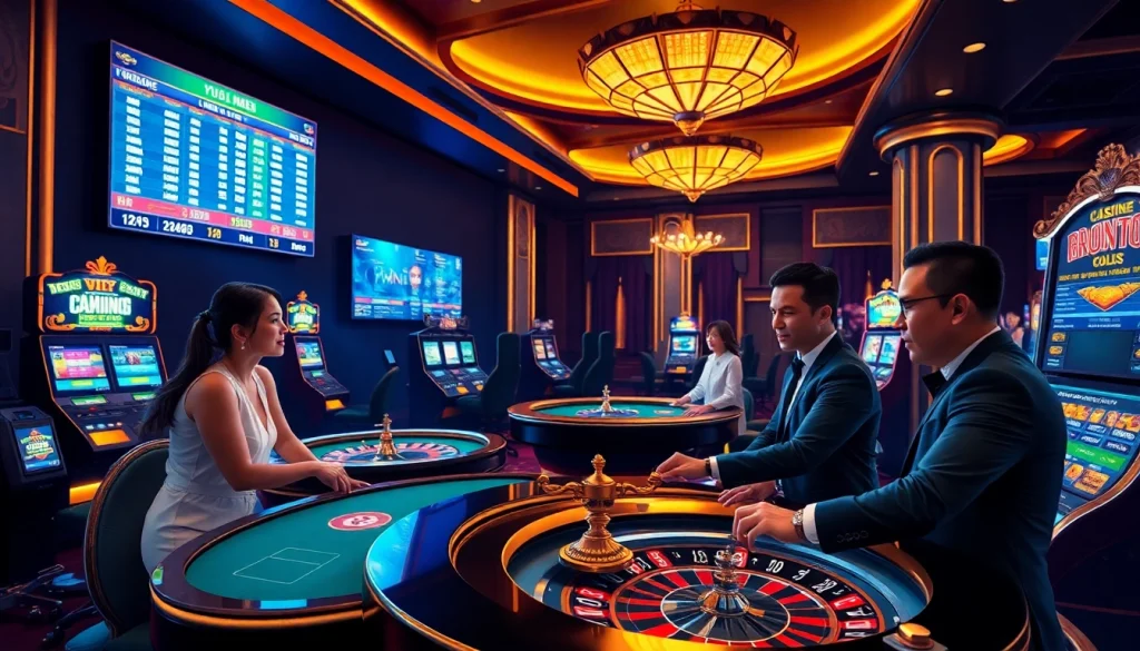 Gamblers engaging with Keonhacai5 betting technology in a vibrant casino atmosphere.