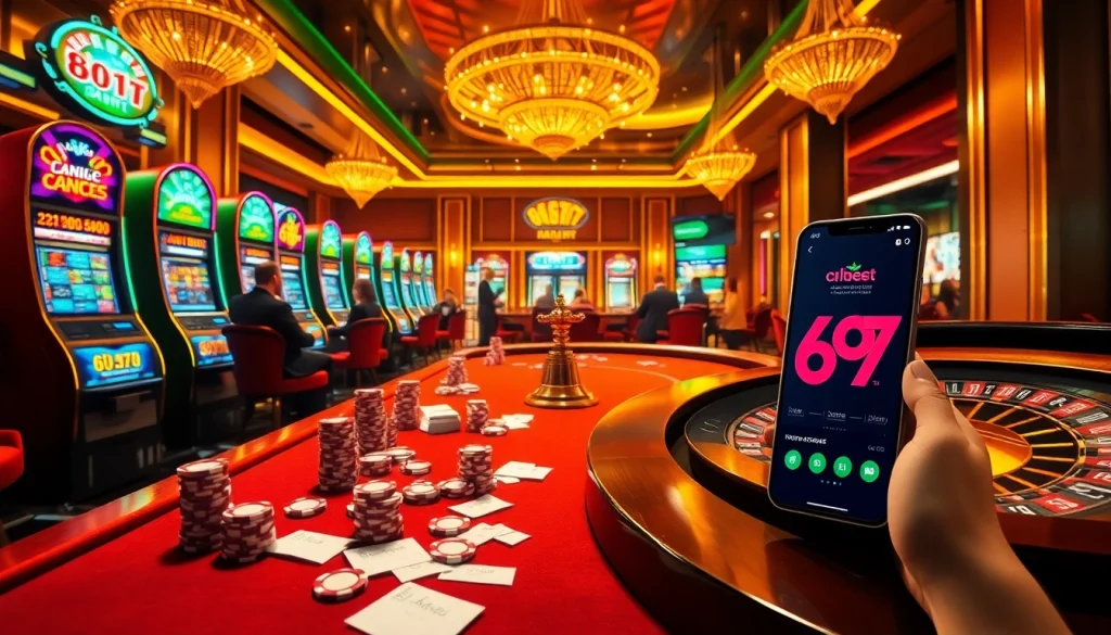 Jogadores desfrutando de uma cena emocionante de cassino, com mesas de pôquer, fichas e interfaces de apostas 69T.