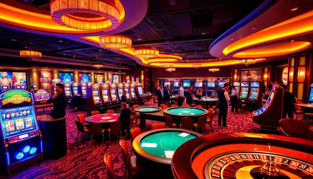 Players enjoying thrilling games at MB66 casino, featuring vibrant tables and slot machines.