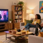 Encontro com amigos assistindo os melhores canais de entretenimento com o bestbraziliptv em uma sala aconchegante.