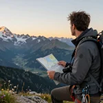 Rokok88 adventure gear at sunrise mountain viewpoint, showcasing outdoor exploration.