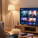 Uso do Iptv em uma sala de estar moderna com TV e conforto.